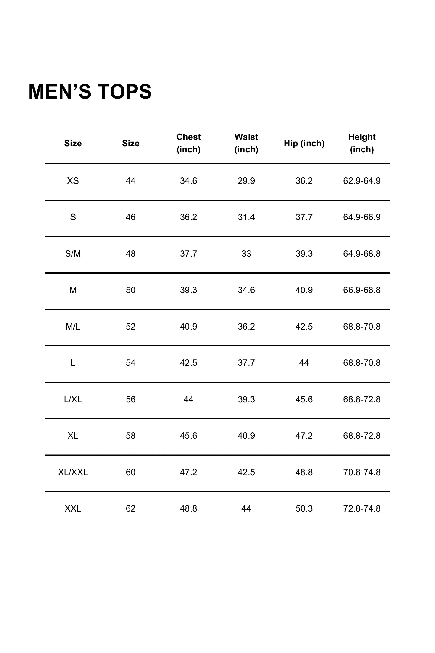 Apparel Size Chart Image